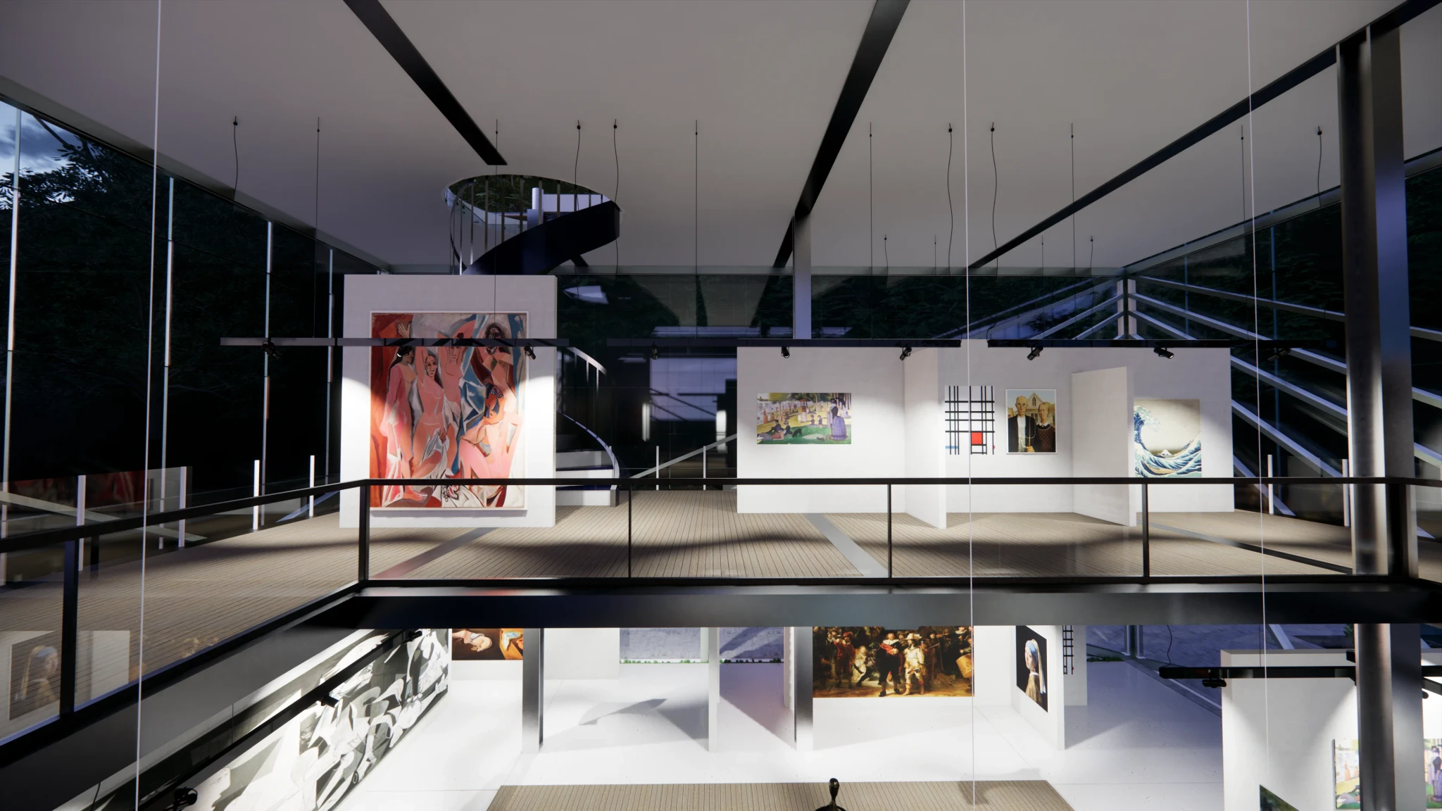 An art gallery at night illuminated watched from the other side of an atrium in a second storey