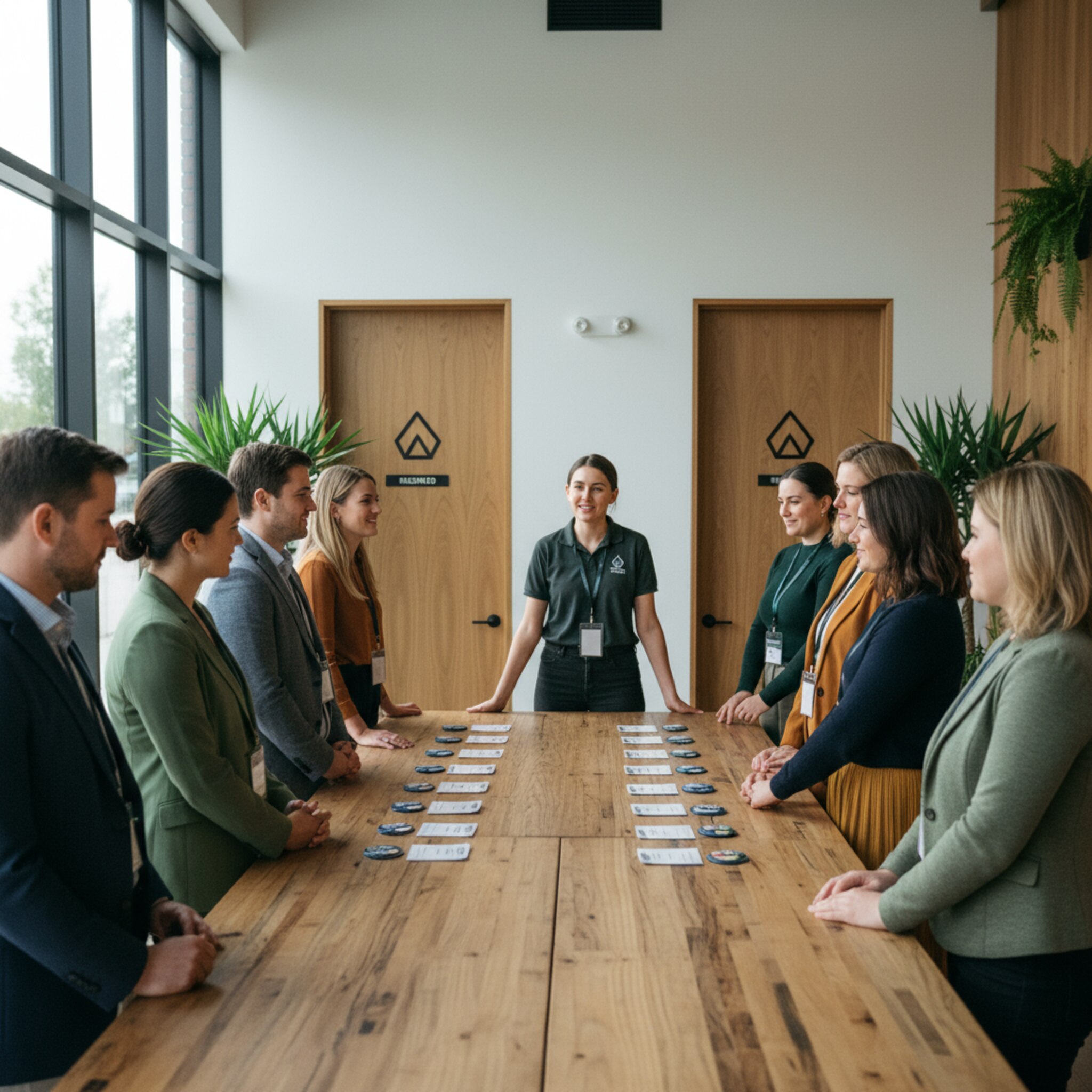 Eine Gruppe mit Firmenausweisen sammelt sich um einen langen Holztisch, auf dem Namensschilder und kleine Team-Buttons liegen. Eine Mitarbeiterin erklärt ruhig den Ablauf. Im Nebenraum sind zwei Türen mit Raumlogos diskret reserviert. Leises Stimmengewirr, konzentrierte Erwartung, klarer Eventcharakter.