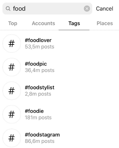 Instagram screenshot showing the keyword "food" in the search bar and the hashtag results.