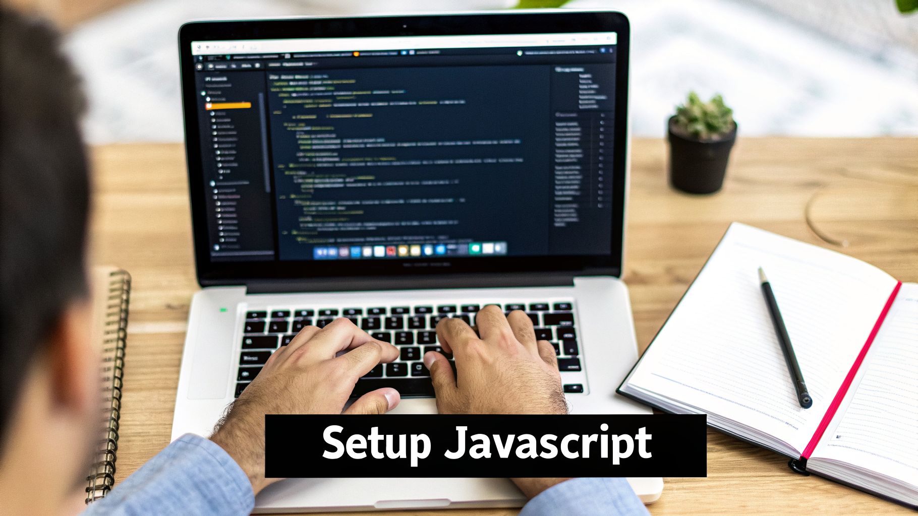 A person coding on a laptop displaying JavaScript code, with a notebook and plant on a wooden desk.