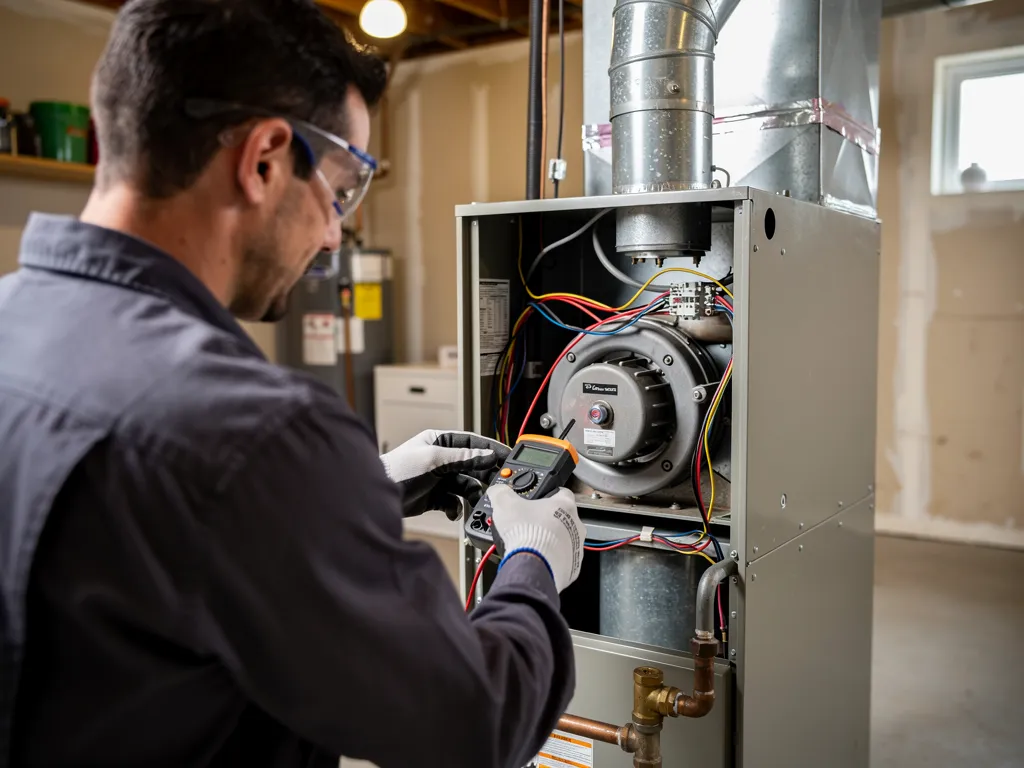 HVAC technician inspecting a furnace ignition system for repair