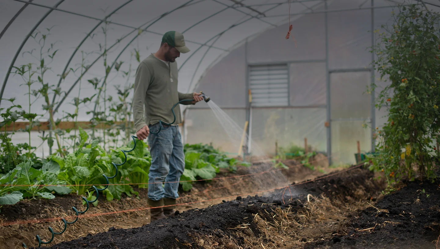 Uomo che innaffia un pezzo di terra