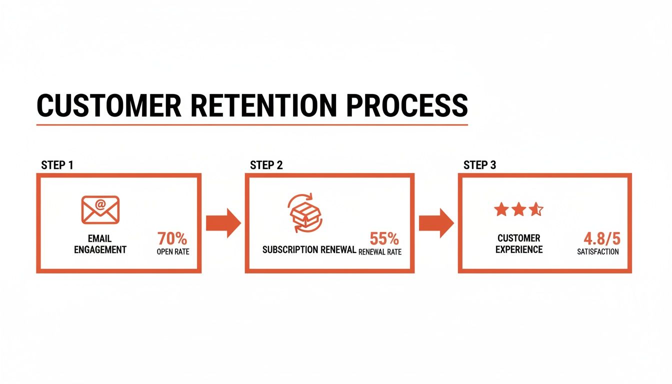 A three-step infographic outlining the customer retention process, detailing email engagement, subscription renewal, and customer experience metrics.