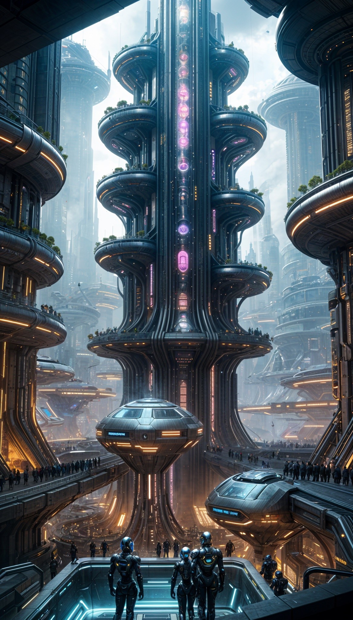 A futuristic cityscape featuring towering, cylindrical skyscrapers with glowing purple and blue lights. advanced robots and cyborgs stand prominently, surrounded by flying vehicles.