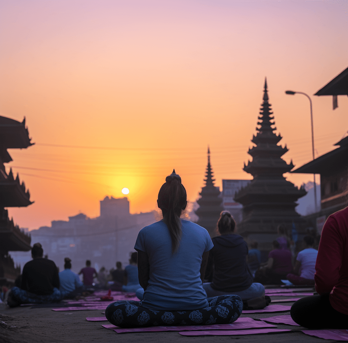 A group of people practice yoga outdoors at sunrise, facing east. The sky is a warm gradient, and traditional pagoda structures flank the scene, creating a serene atmosphere.