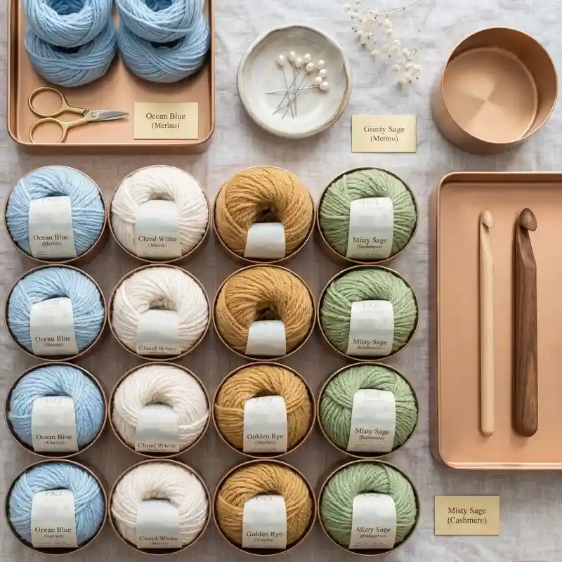 handmade crochet items in soft pastel tones arranged in a cloud shape