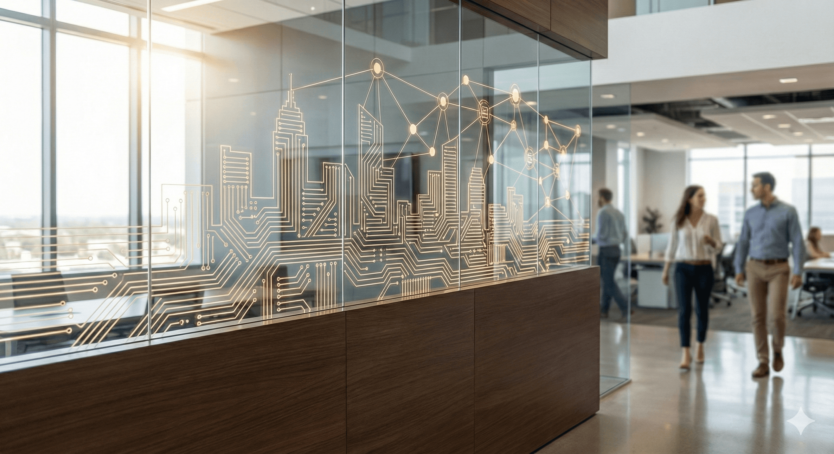 A modern office interior with a glass wall featuring a digital circuit design overlaying a city skyline, symbolizing the concept of technology integration and efficiency in urban environments.