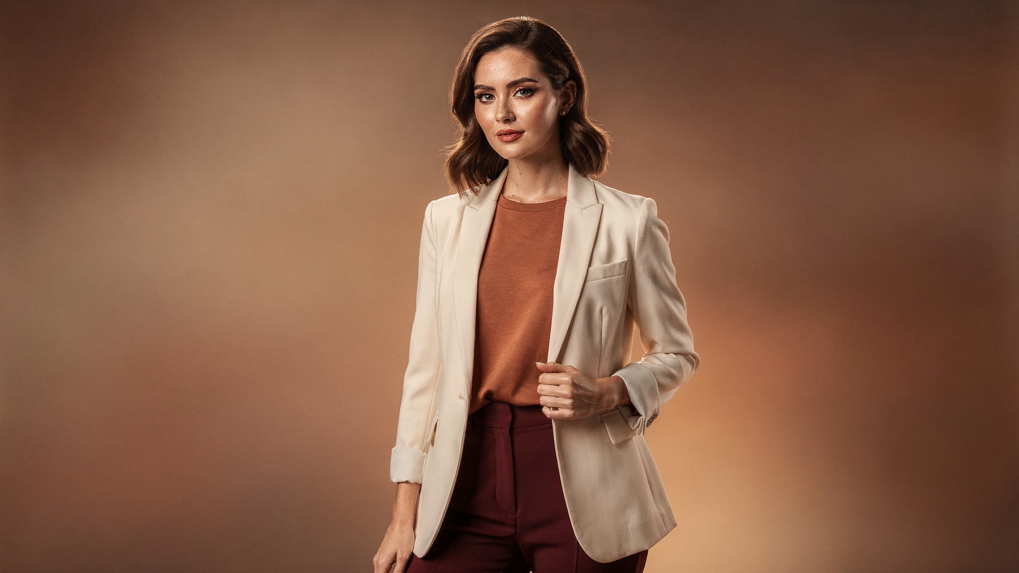 Confident AI-style influencer character standing portrait, getting started with an ai influencer