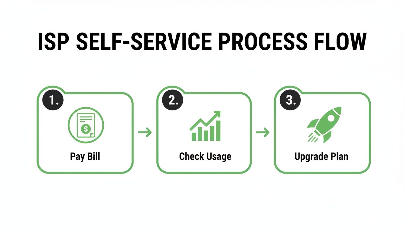 A flowchart illustrating the ISP self-service process: pay bill, check usage, and upgrade plan.