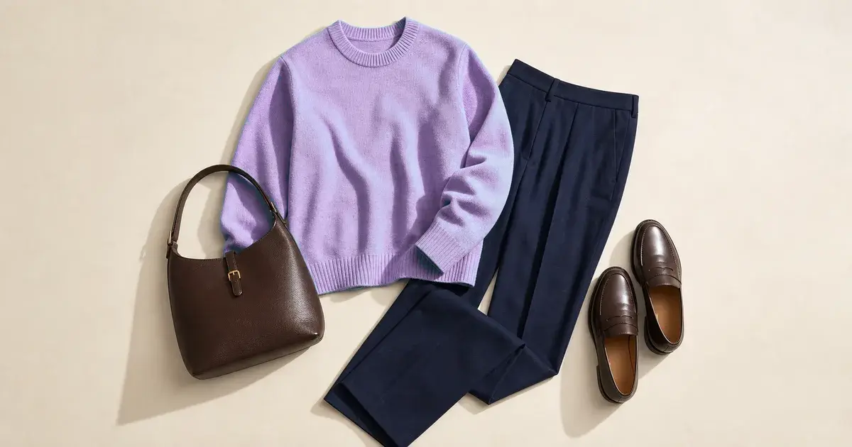A lavender knit sweater laid flat with navy tailored trousers, a dark brown shoulder bag, and brown loafers on a warm ivory background