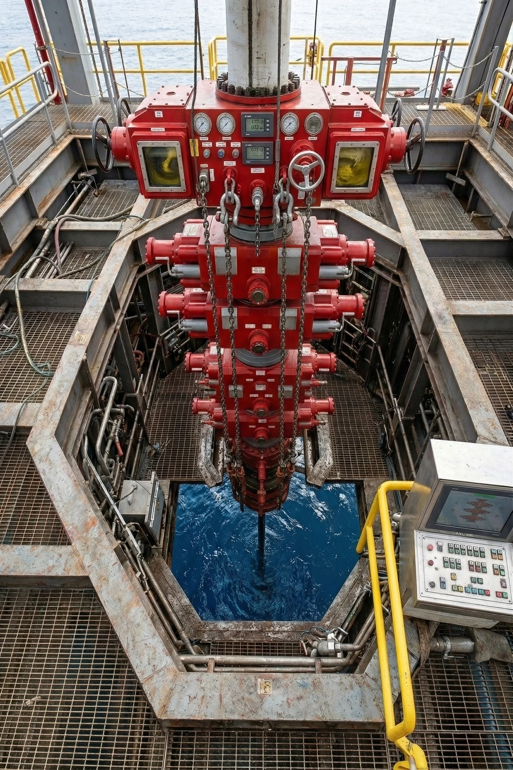 Red blowout preventer (BOP) stack on an offshore drilling rig floor positioned over open ocean water.
