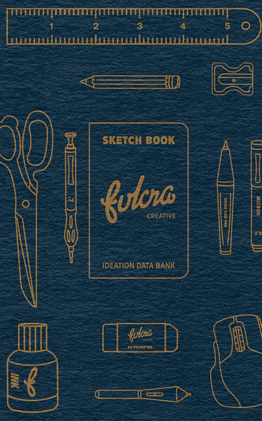 Services graphic featuring blue textured paper with gold illustrations of Fulcra stationary.