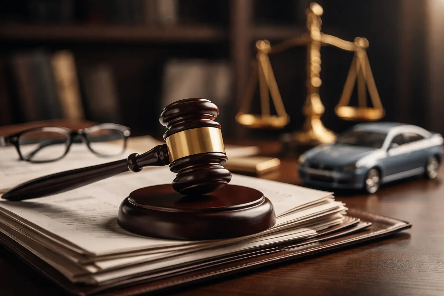 Judge’s gavel resting on legal documents with a model car and scales of justice in the background, symbolizing comparative negligence and personal injury law