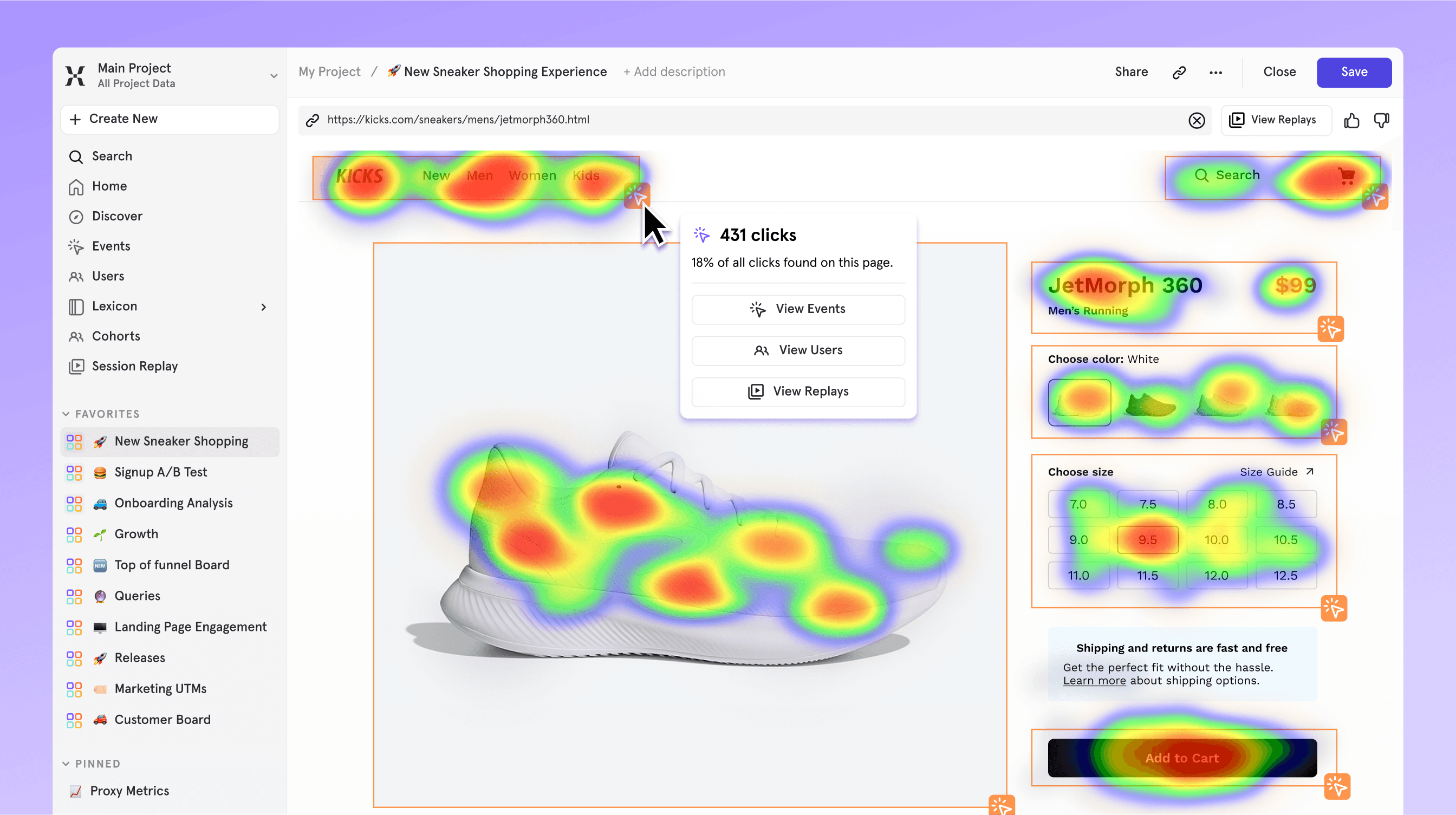 Image of a Mixpanel dashboard showing a heatmap for a sneaker ecommerce page, in which a user has clicked on a hotspot to see the number of clicks in the navigation and a series of buttons allowing them to view the user events, view the users, and view session replays related to that page.