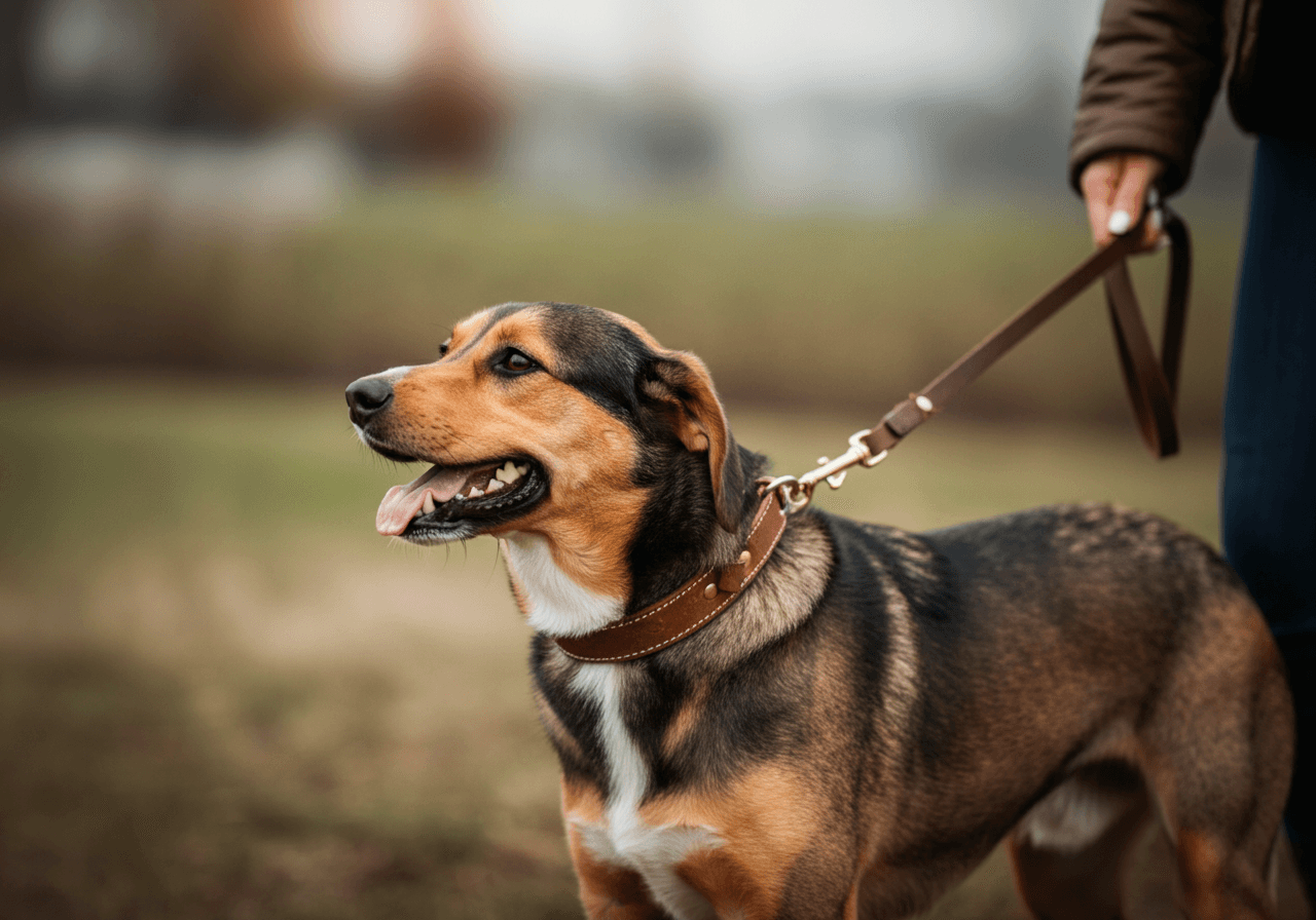 In the foreground is a happy, relaxed dog (on lead) being walked. Only the owner's hand is visible, holding the lead (out of focus).