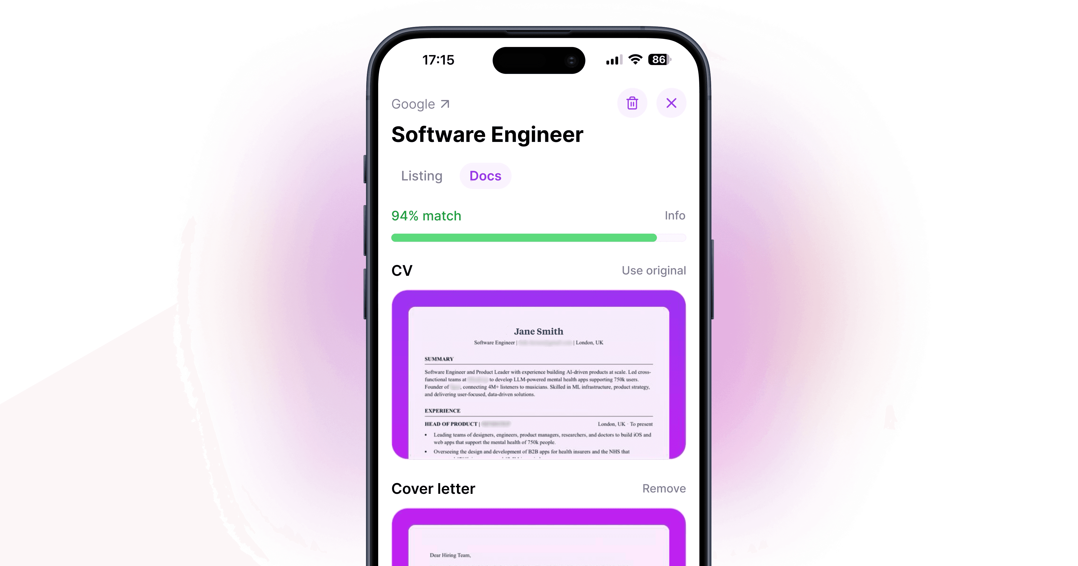Ace app screen showing a tailored resume, illustrating using AI to write your resume.