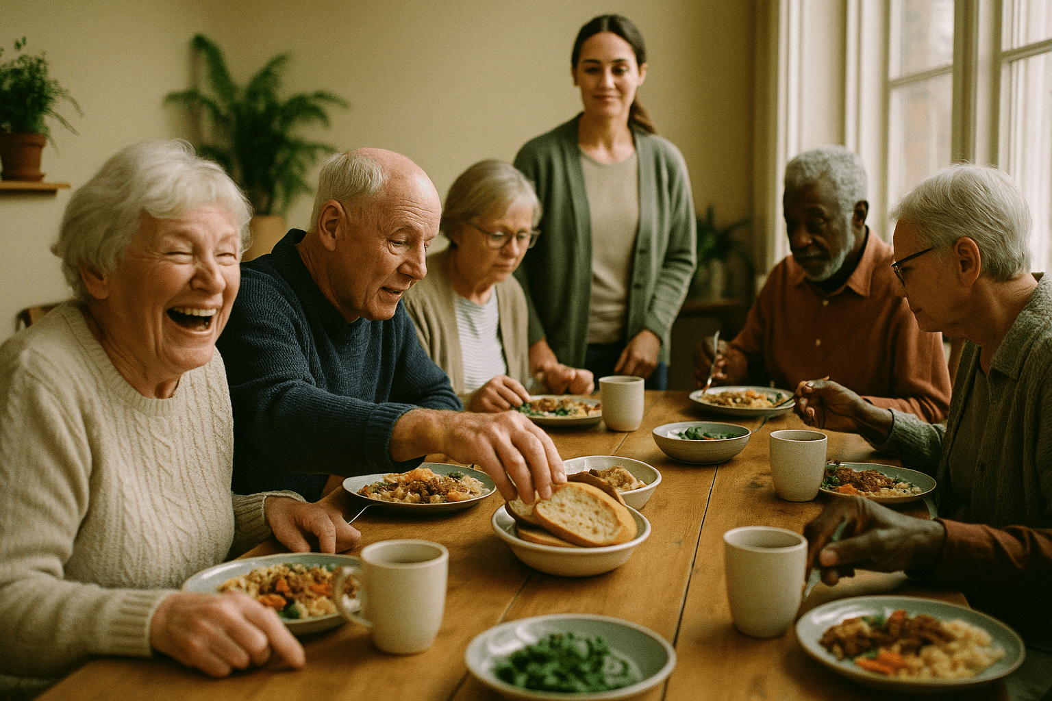 Older adults enjoy a shared lunch together at a bright, homelike day center table while a caregiver looks on warmly.