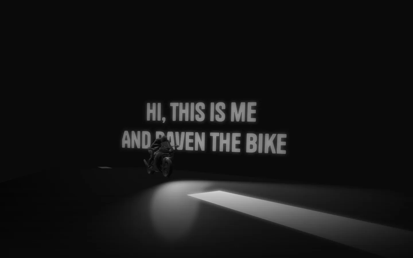 Raven, a scroll-driven 3D website by Thundrk Studio: the line "Hi, this is me and Raven the bike" over a motorbike rider in a spotlight on a dark road