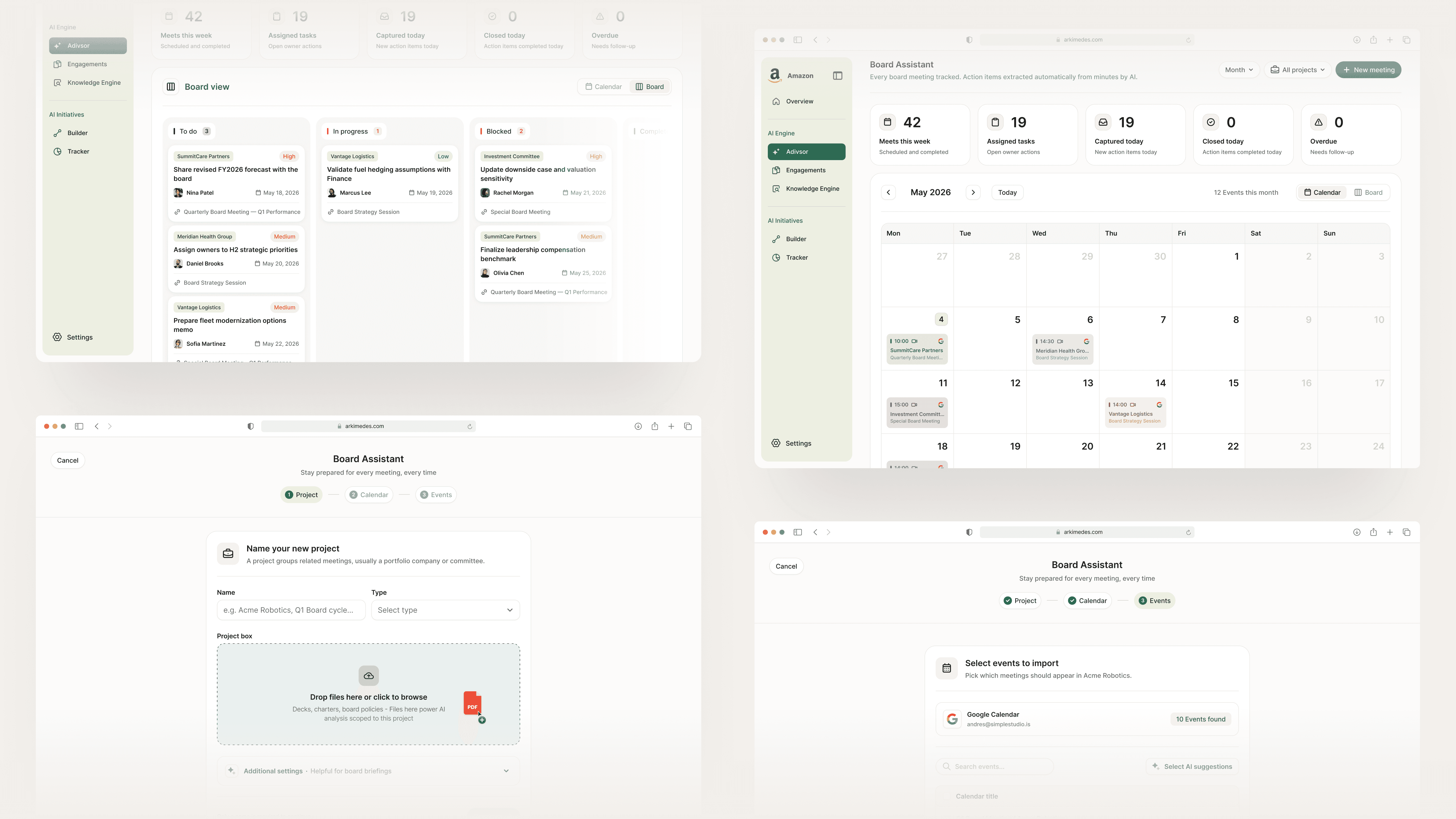 Arkimedes B2B AI platform for M&A and private equity, featuring AI-assisted workflows, deal sourcing, knowledge management, board operations, dashboards, monitoring, and portfolio intelligence.