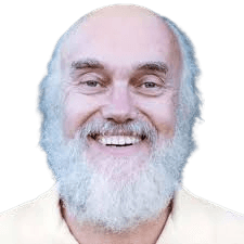 A cheerful portrait of Ram Dass, the American spiritual teacher and author, known for his work on consciousness and mindfulness. He is smiling widely, with a full white beard and bald head, radiating warmth and positivity. His teachings, particularly through his book Be Here Now, have influenced the Western understanding of Eastern spirituality and meditation practices.