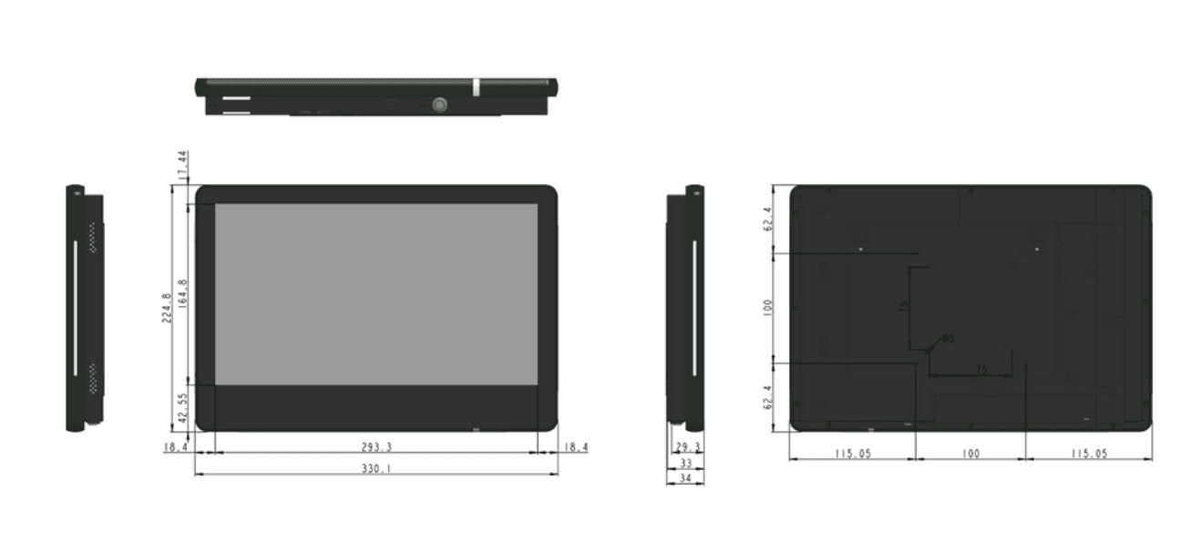 Technical drawing of a display with dimensions