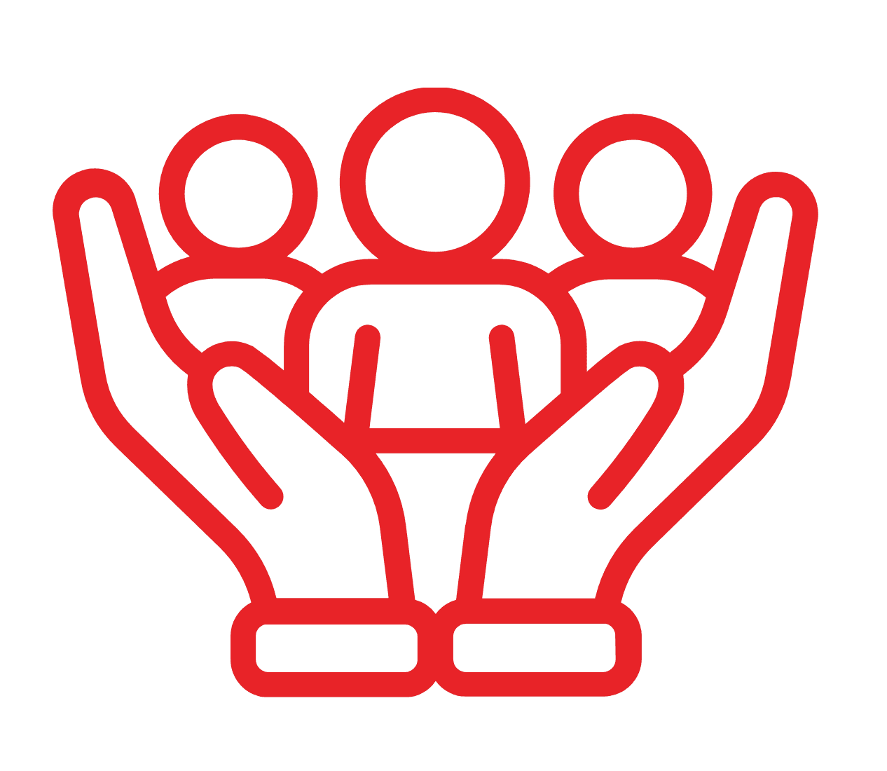 Icon depicting three figures supported by two hands, symbolizing care, support, or community.