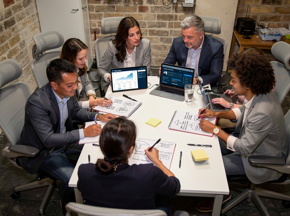 Woman in a floral swimsuit smiling and holding a surfboard in front of stacked kayaks on a sunny beach.