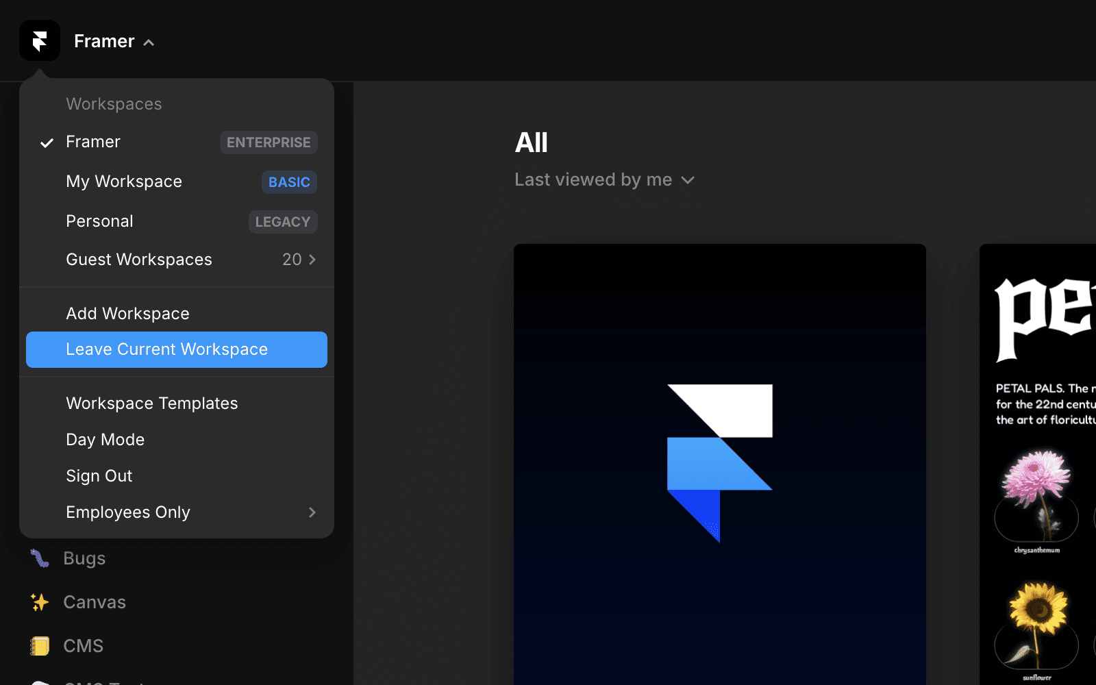 A user interface of the Framer app showing a workspace menu with options like 'Leave Current Workspace,' alongside project previews on a dark background.