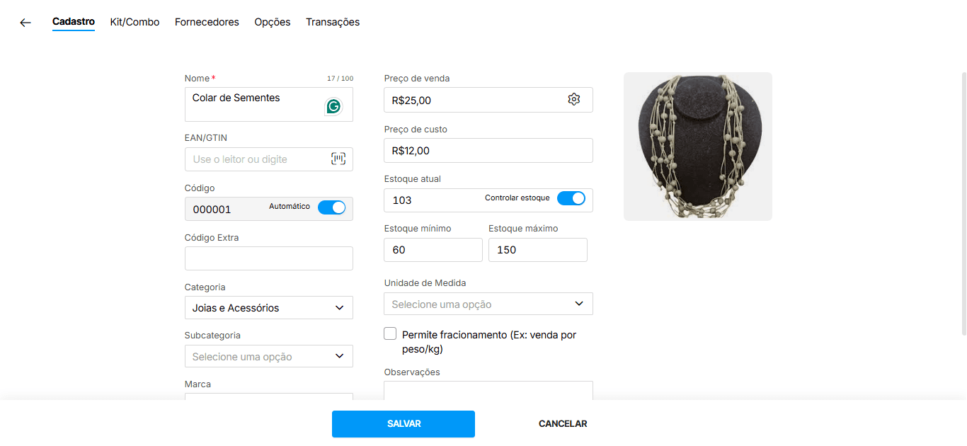Tela de cadastro de produtos do Nex, com campos para nome, código, preços, categoria, estoque e foto do item, além de opções para controlar o estoque e salvar o cadastro.