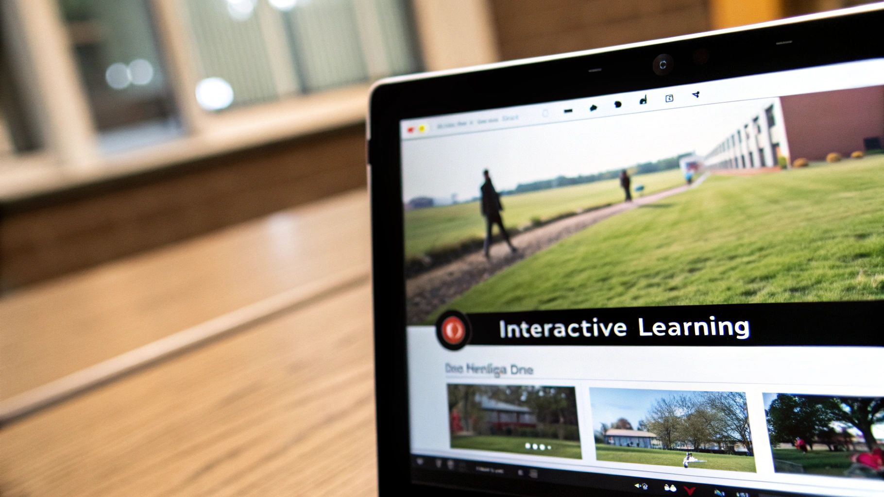 A laptop screen shows a webpage titled 'Interactive Learning' with images of people outdoors.