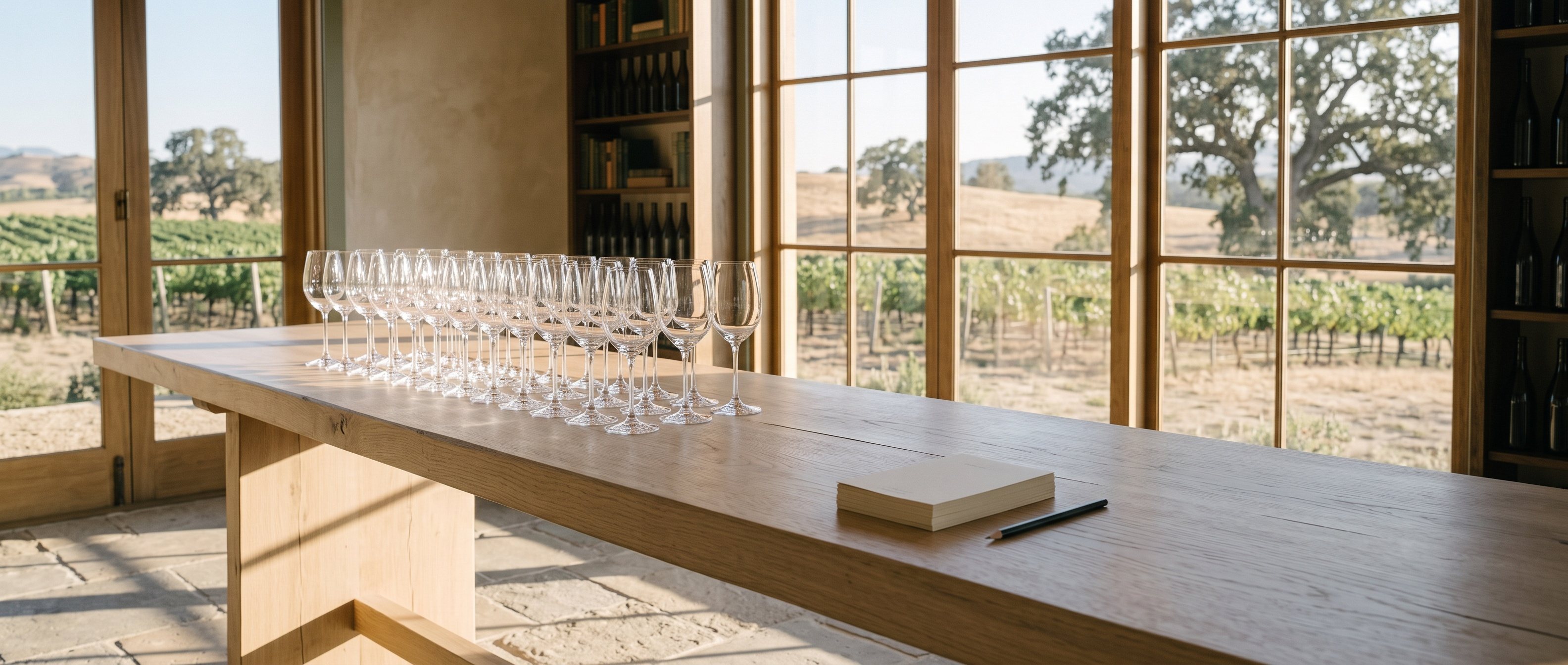 The empty tasting bench before opening, a row of clean glasses and a stack of blank cards