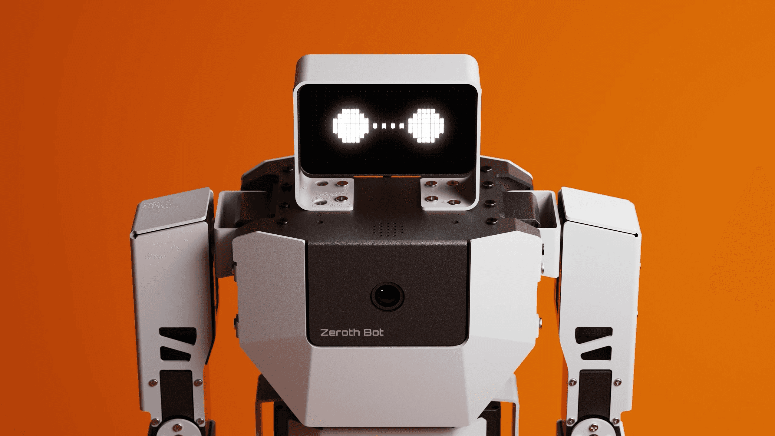 A white, humanoid robot with glowing pixelated eyes stands against a vibrant orange background, showcasing advanced robotics technology and design.