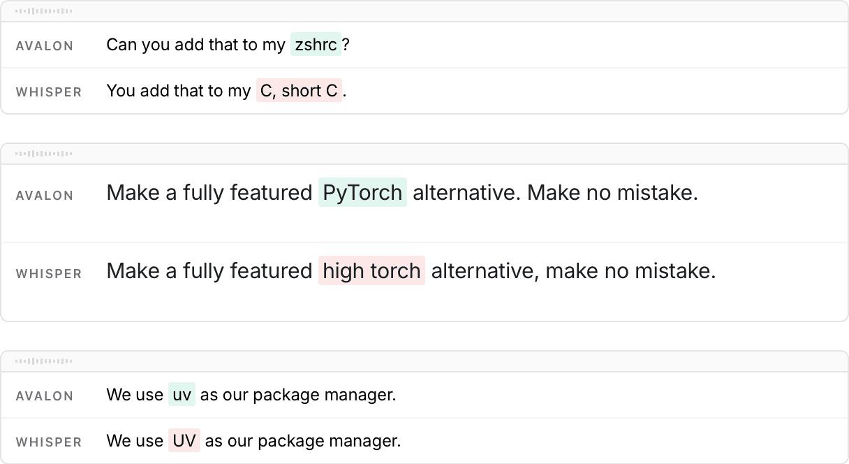Compares Avalon to Whisper with errors highlighted in green and mistakes highlighted in red.