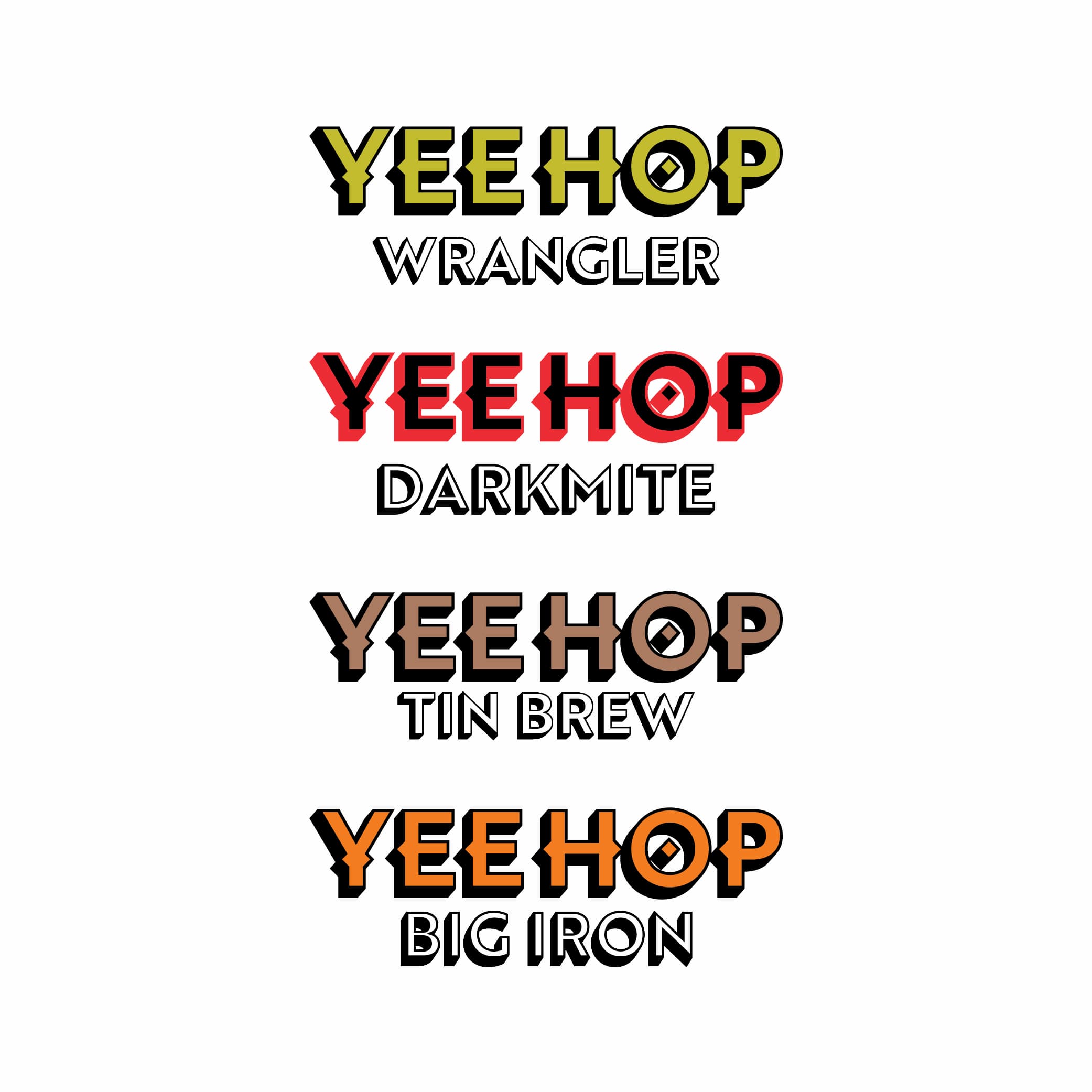 Logos for all four YeeHop beer flavours: Wrangler, Darkmite, Tin Brew, and Big Iron.