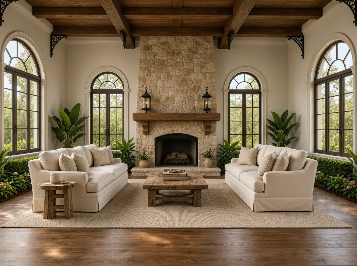 Elegant living room with high ceilings, exposed dark wood beams, a grand stone fireplace, white sofas, and large arched windows overlooking lush greenery