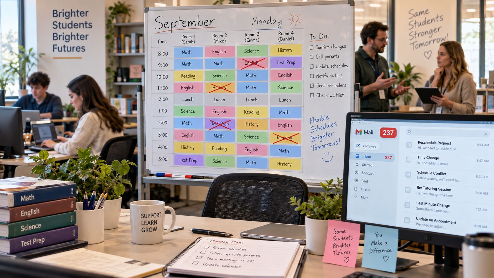 A modern workspace showing a tutoring schedule on a whiteboard with planners and digital tools.