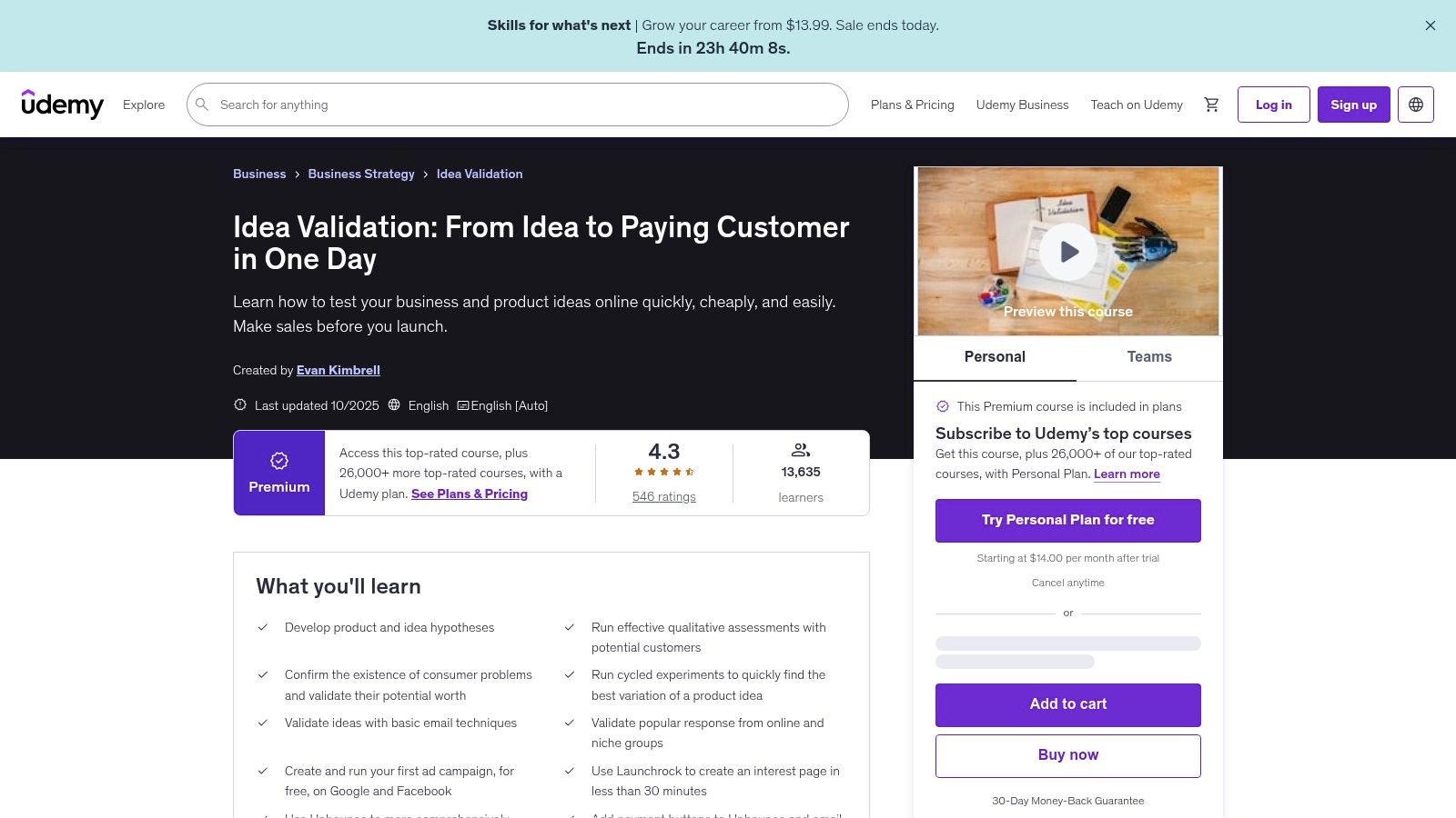 Udemy online course platform showing app idea generation and validation courses