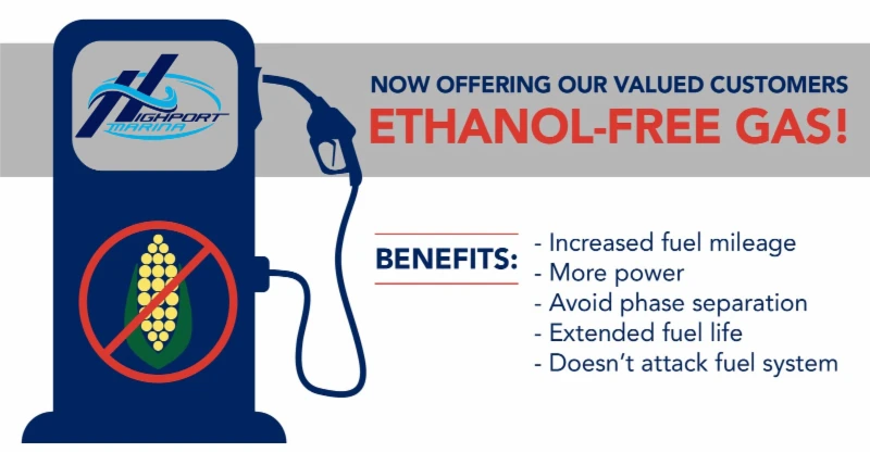 A blue gas pump with a corn graphic on the display promotes ethanol-free gas, highlighting benefits such as increased fuel mileage, more power, avoiding phase separation, extended fuel life, and protection against fuel system damage.
