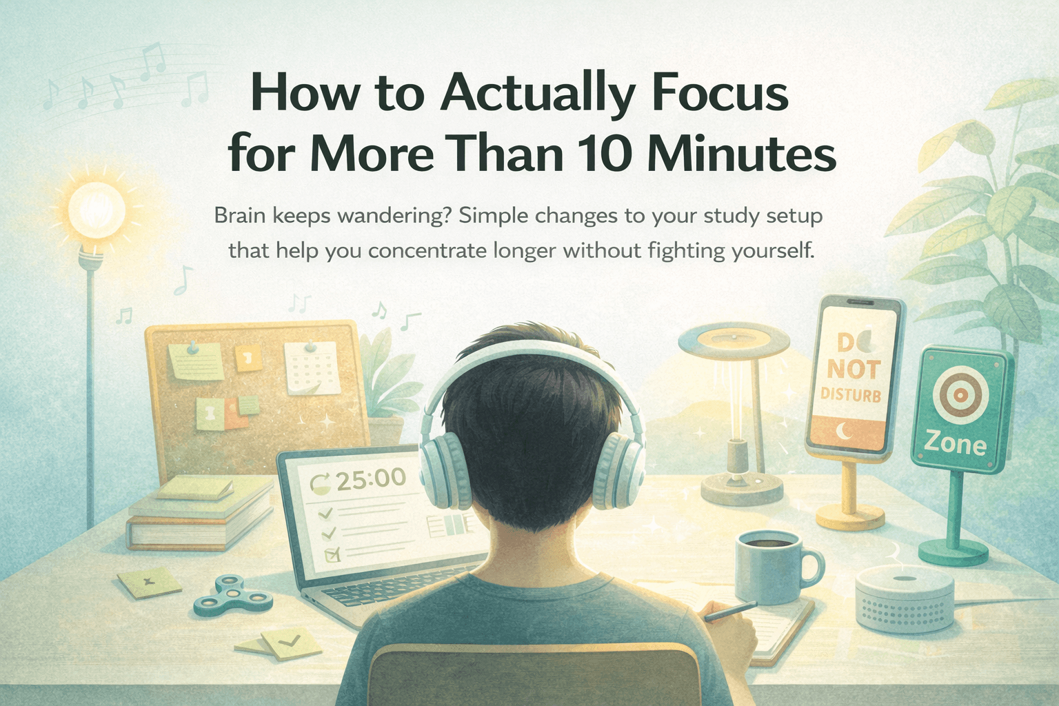 Focused student wearing headphones at a distraction-free desk with timer, checklist, and phone on do not disturb mode.