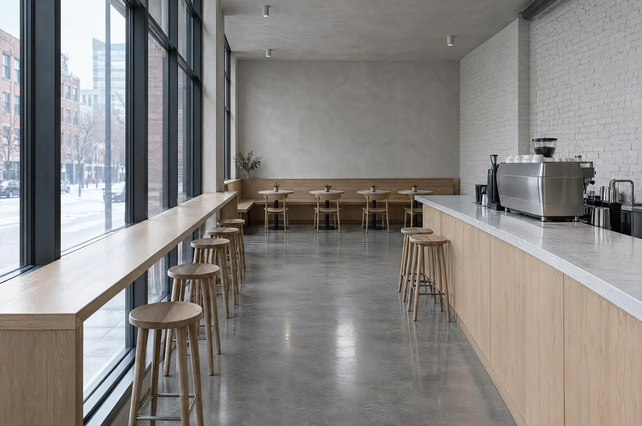 Corner coffee bar in a North Loop brick warehouse, the counter turned into the room and the queue running along the tall window