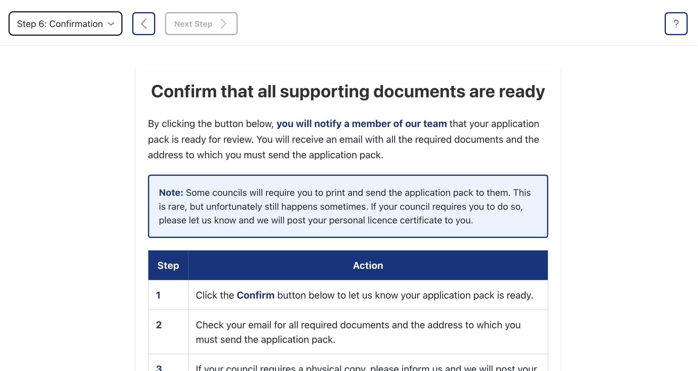 Confirmation page example from Barnab’s online document submission process.