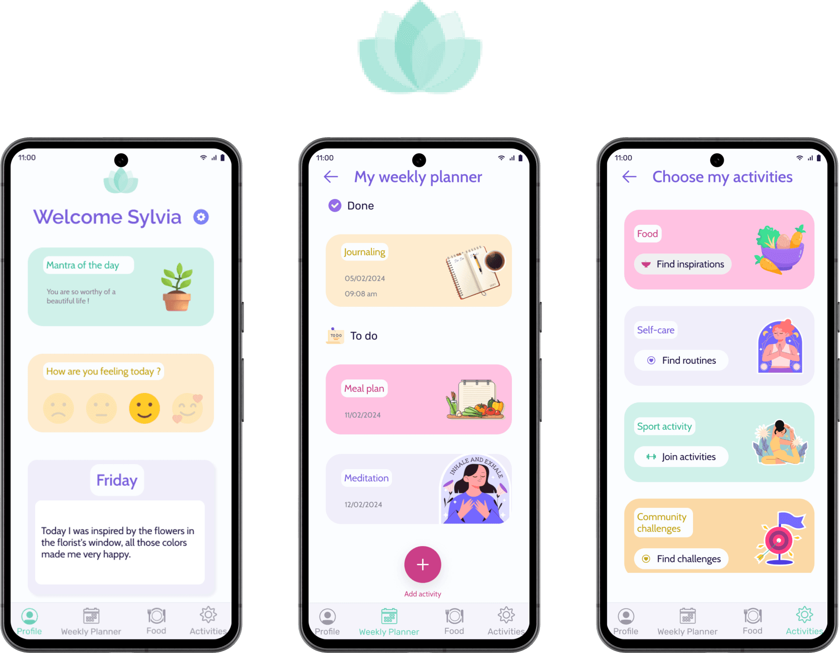 Home screen, weekly planner, and activities options of the Sereny Plate mobile app designed using Design Thinking methodology