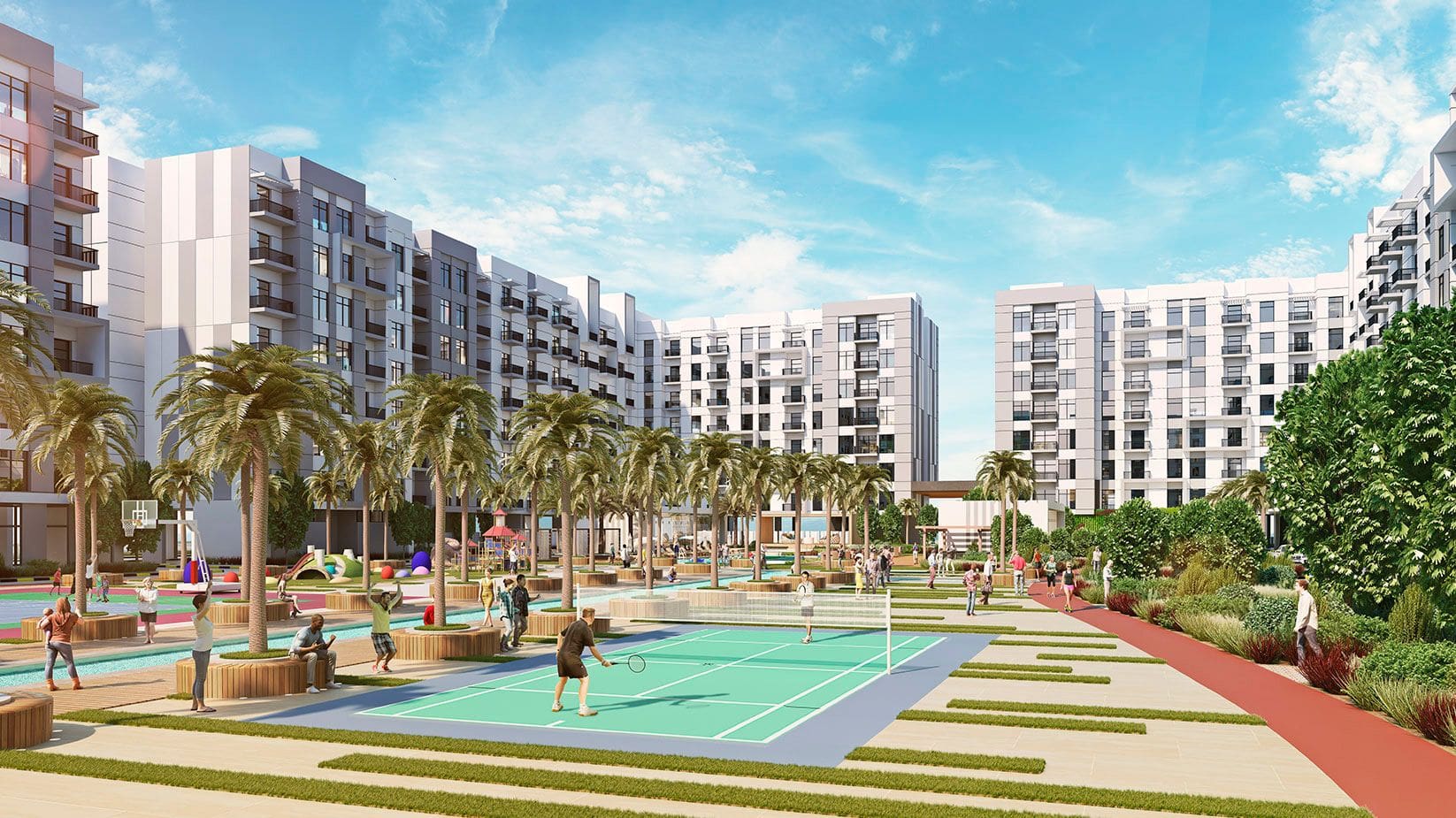 Outdoor tennis court and lush landscaping at Lawnz. Expert real estate agent guidance for community-focused living.