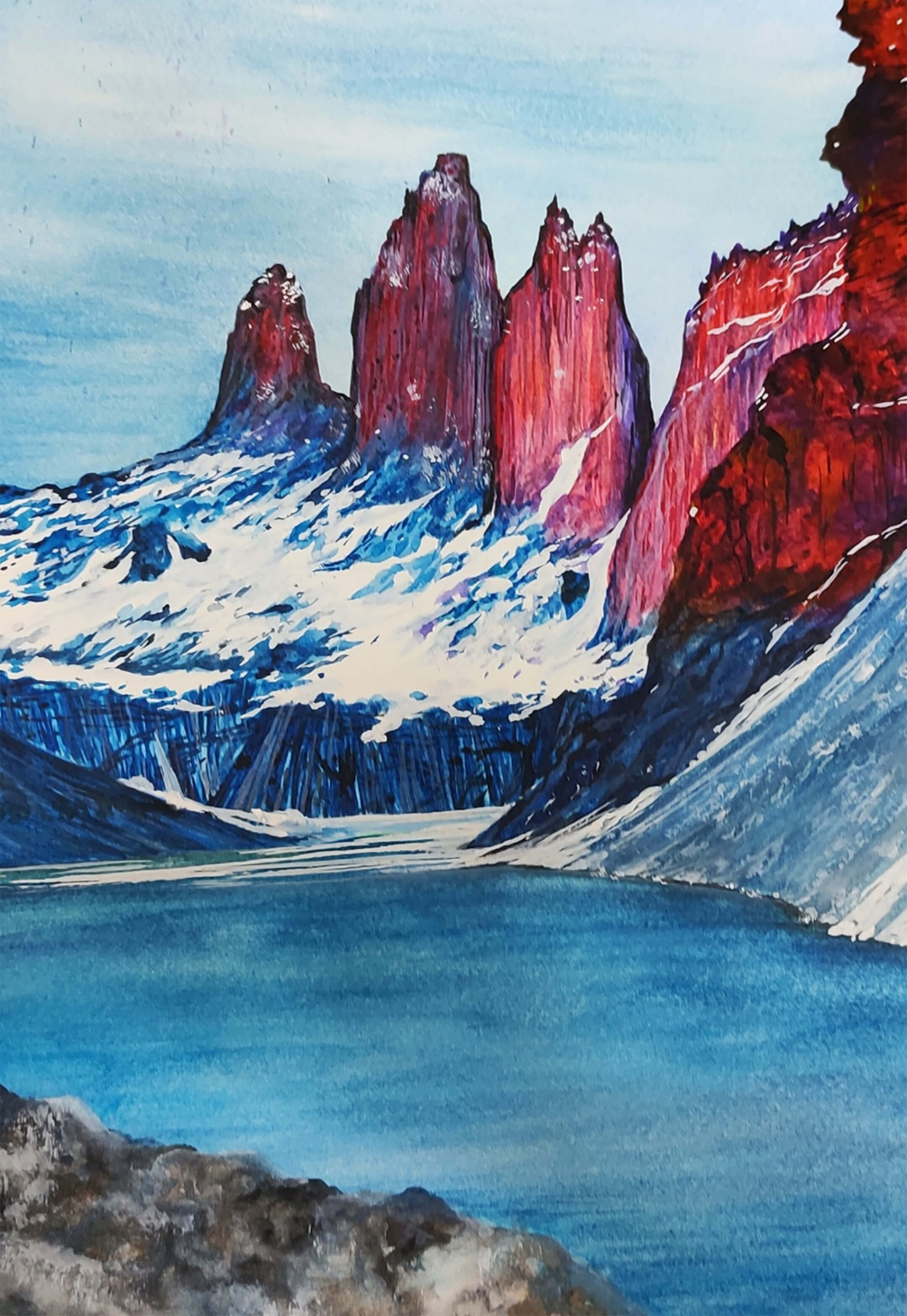 Watercolor landscape of jagged red mountain peaks above a blue lake with snow-covered slopes.