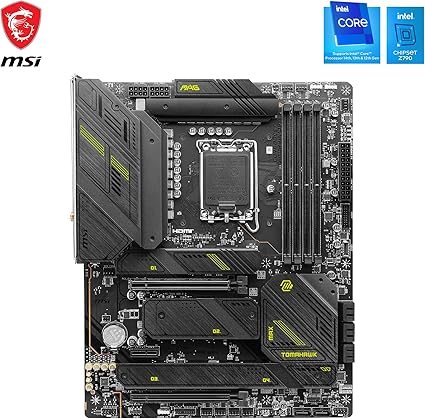 This is an image of the MSI MAG Z790 TOMAHAWK MAX WIFI motherboard, an ATX form factor board supporting Intel 12th, 13th, and 14th Gen processors, featuring DDR5 memory support, PCIe 5.0 slots, Wi-Fi 7 connectivity, and multiple M.2 slots for high-speed storage.