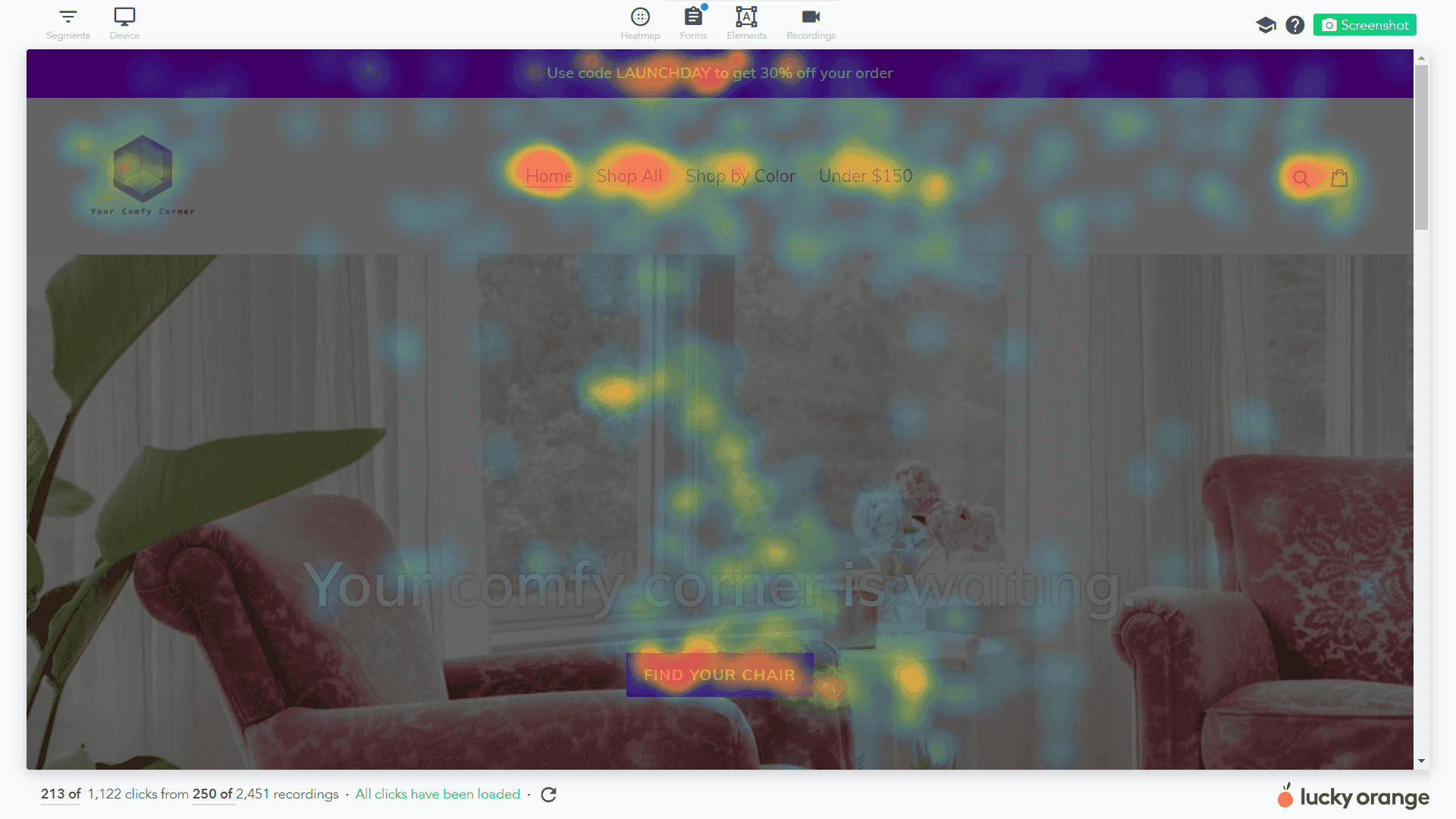 A heatmap analysis of a webpage, for an online furniture store, shows areas of high user attention.