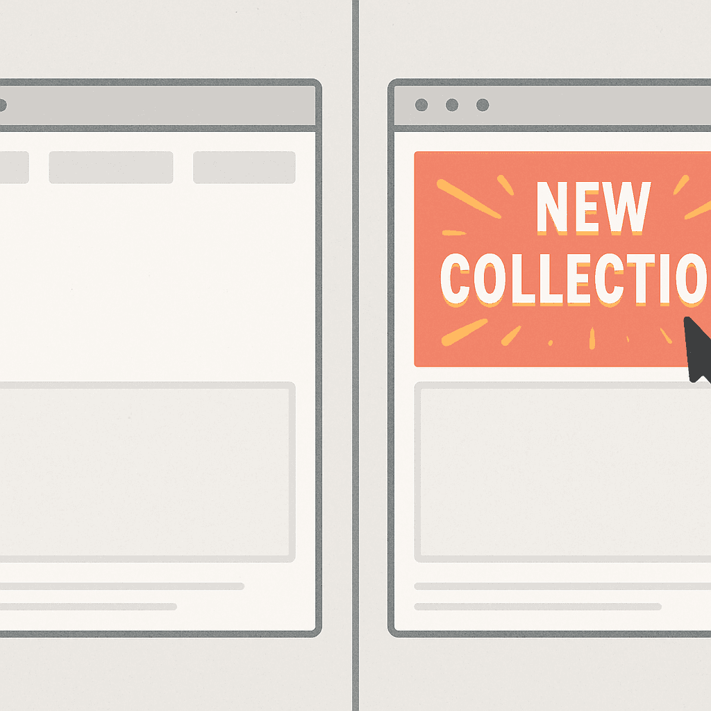 A split-screen showing a website with no announcement (empty) versus one with a vibrant 'New Collection' banner directing a mouse cursor.