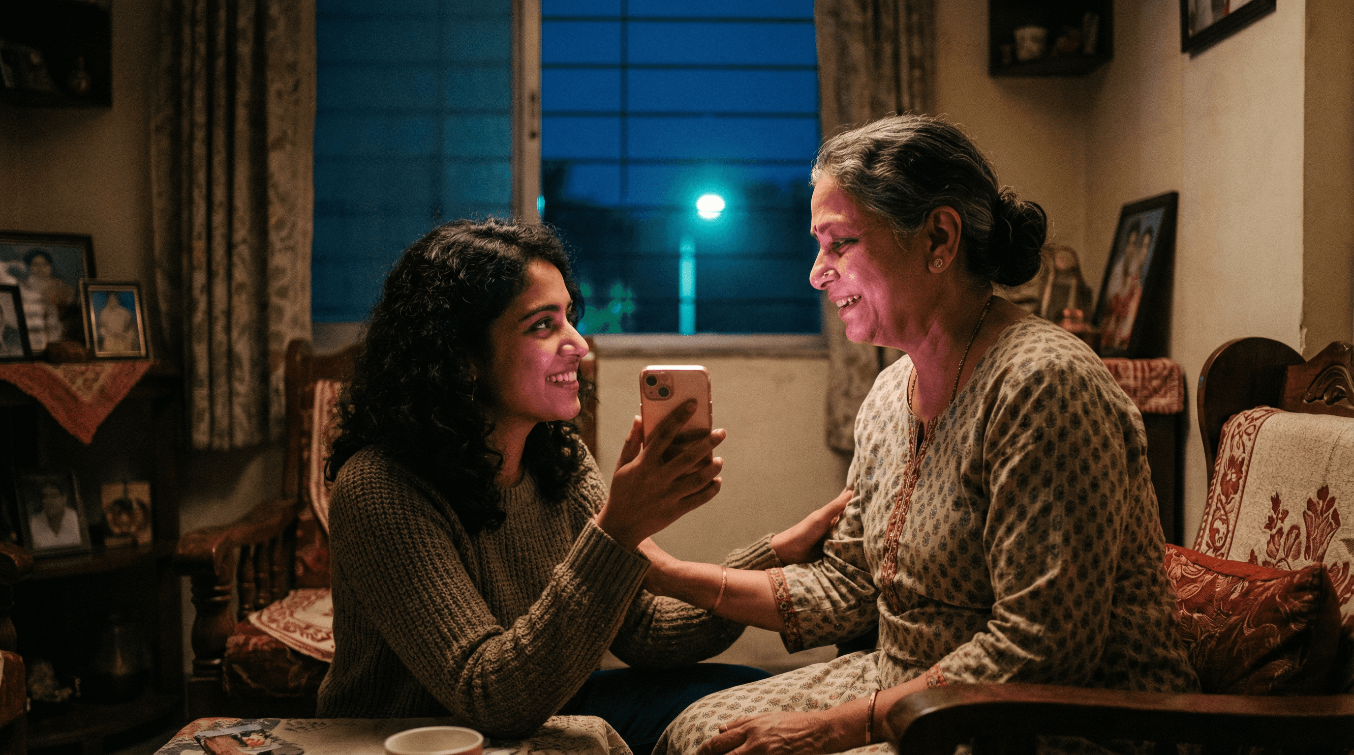 Two men sit at a wooden table with laptops, under a large red lamp. A woman walks by a window. The scene is calm, set against a red-brown wall.
