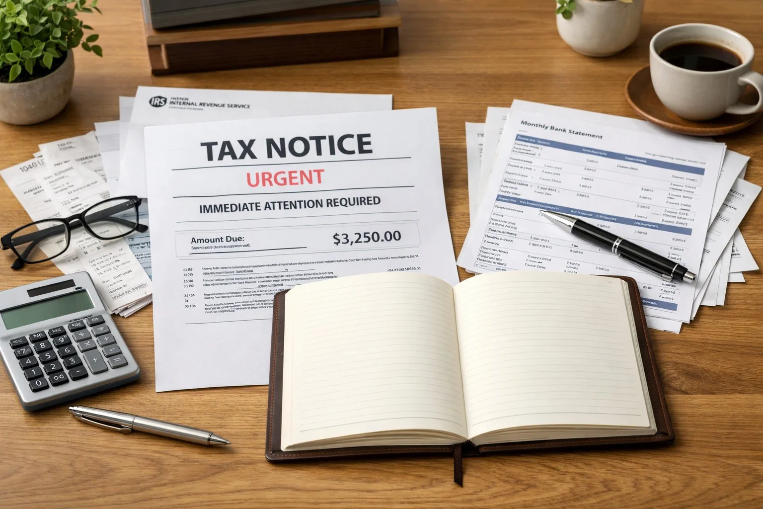 Well-lit desk with a tax notice and supporting documents, alongside an open notebook symbolizing a clear path forward.