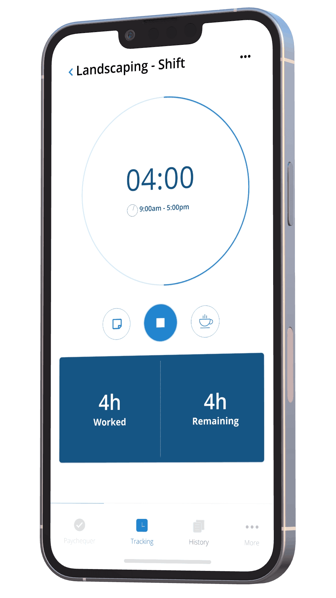 PayChequer time tracking interface showing active 4-hour landscaping shift timer with clock-in controls for direct payroll integration